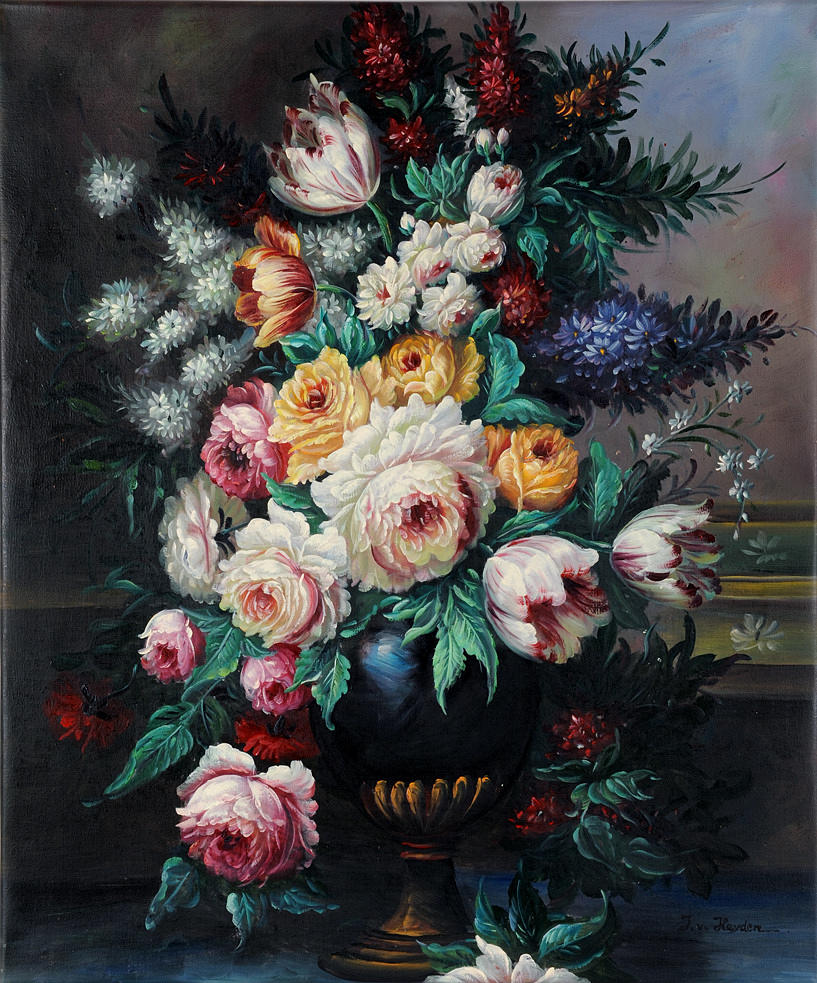 SIGNIERT. Stilleben med rikligt blommande blommor. Arbeta i stil med gamla mästare.