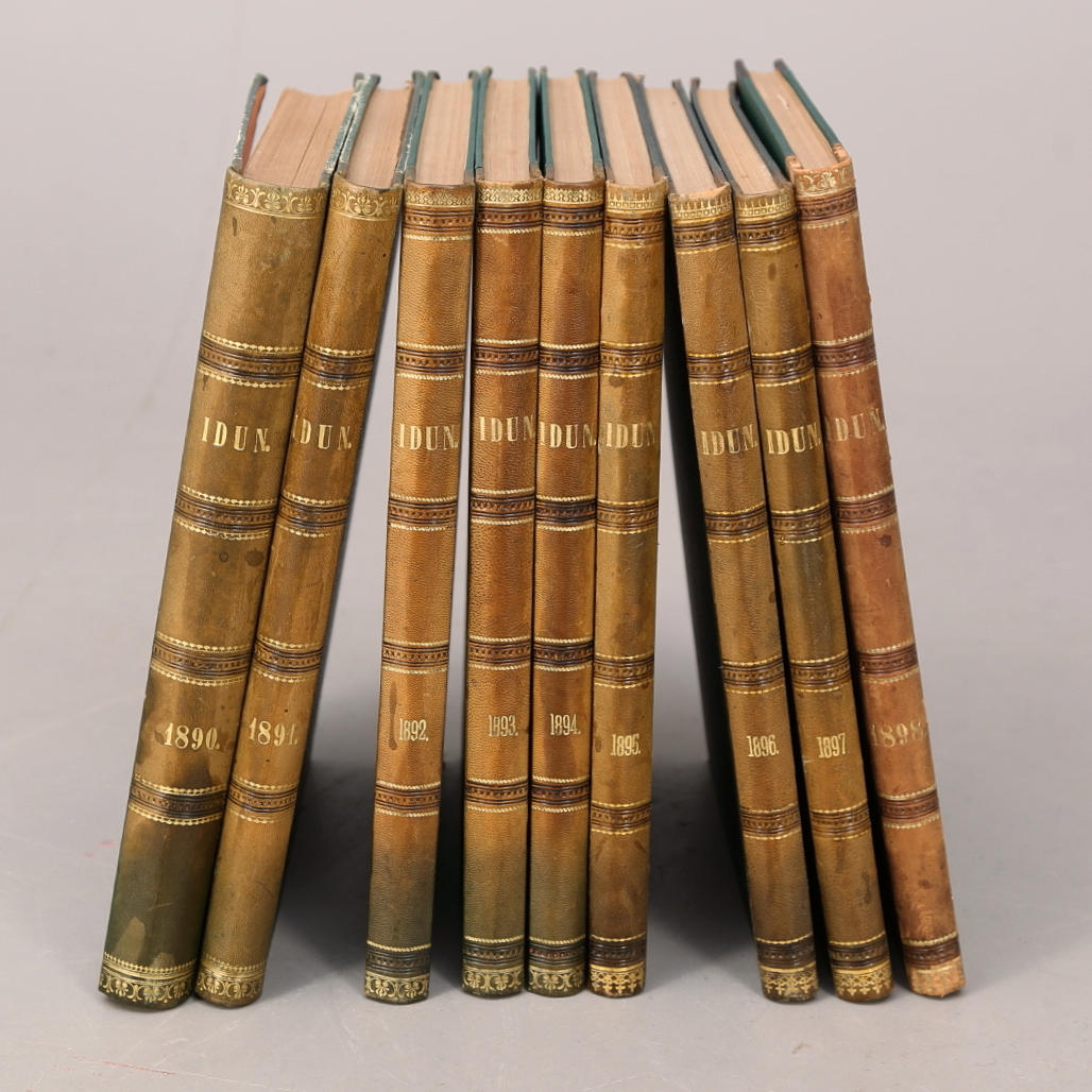 IDUN, 9 band, veckotidning, inbunden, 1890-1898.