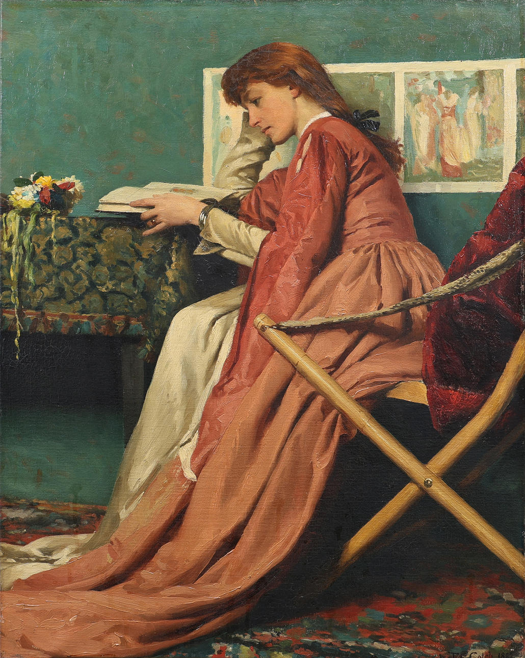 THOMAS COOPER GOTCH. READING WOMAN IN SNUG INTERIOR.