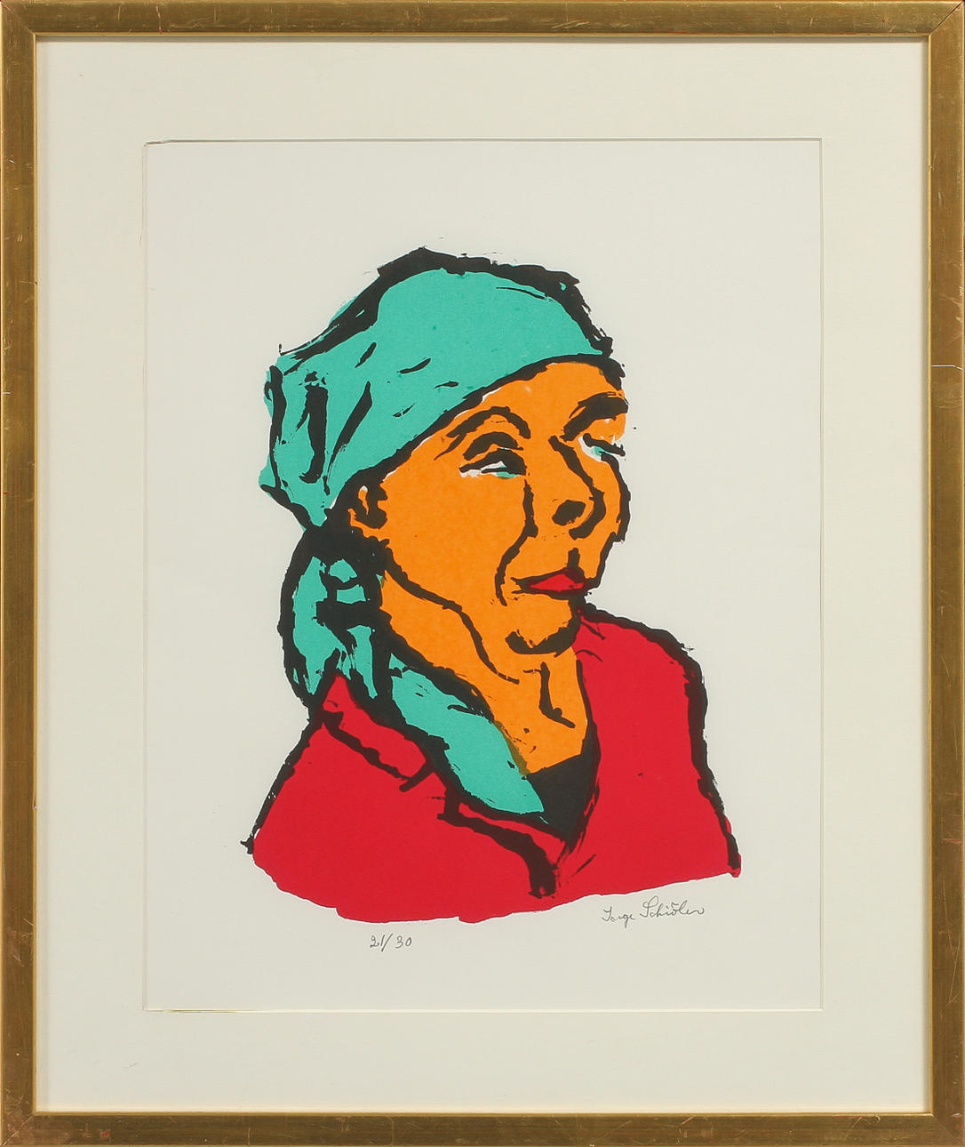 INGE SCHIÖLER. Porträtt, färglitografi, signerad och numrerad 21/30.