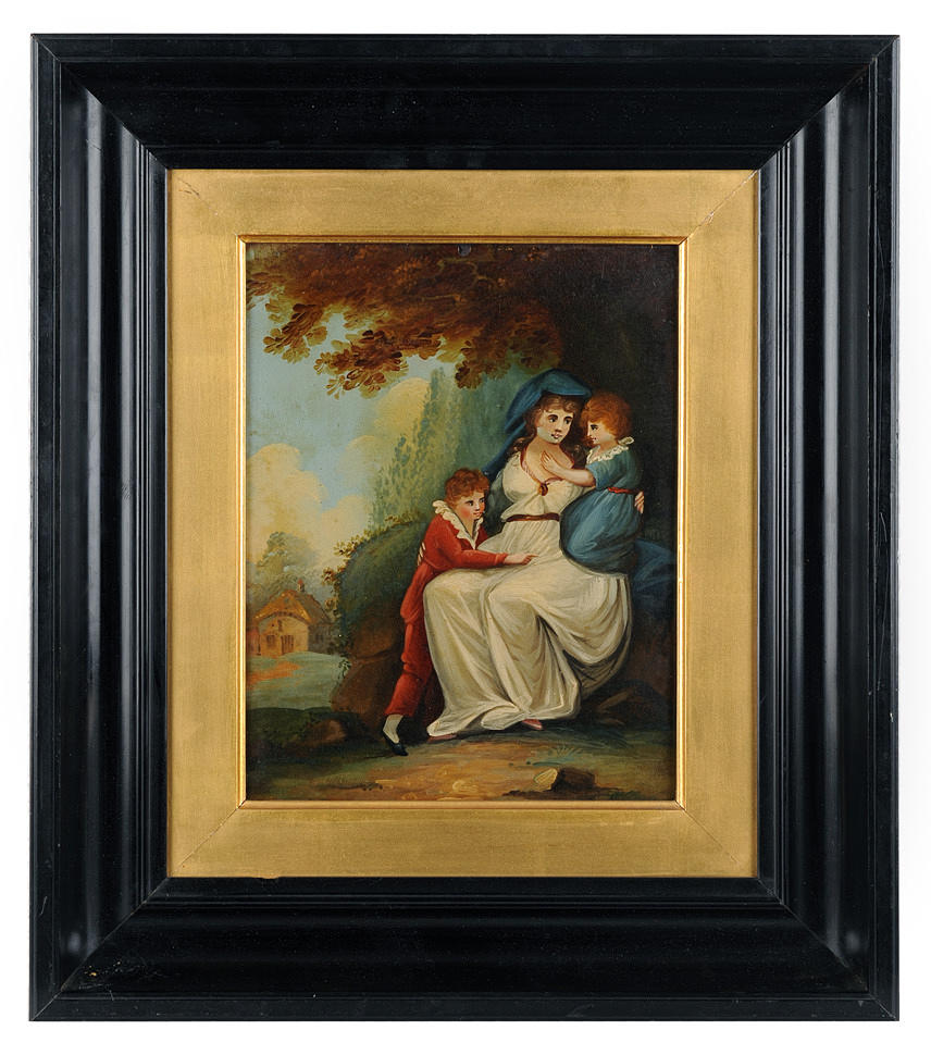KÜNSTLER UNBEKANNT. Romantisk scen i ett antikt landskap; en kvinna med sina söner.