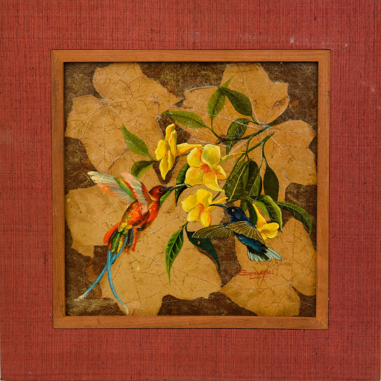 SOUNGHNI. ”Fåglar” blandteknik på tavla, skylt. Sounghni.