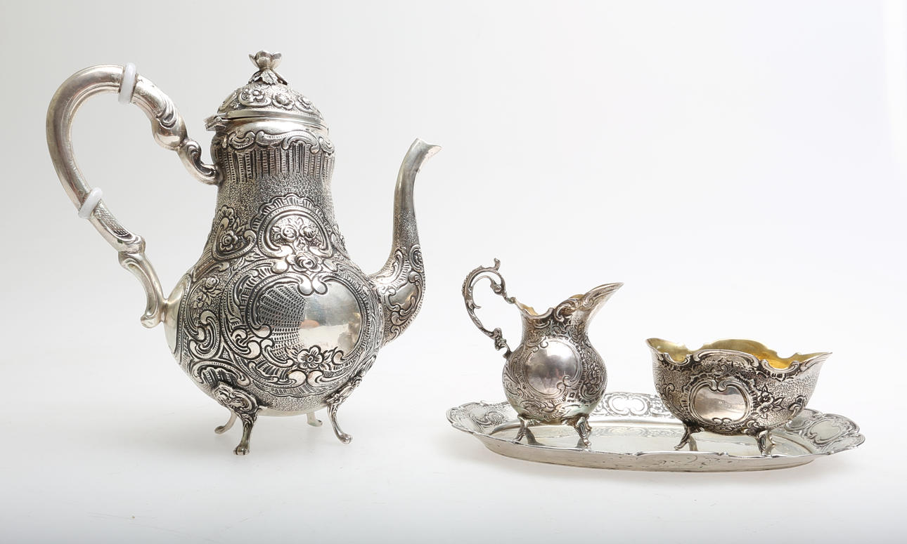 TESERVIS, silver, 4 delar, rokokostil,1900-tal.