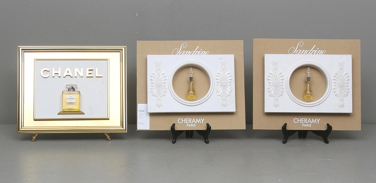 FACTISER, 3 st, skyltmaterial, parfymflaskor, Chanel No 5, Sandrine Cheramy, Paris.
