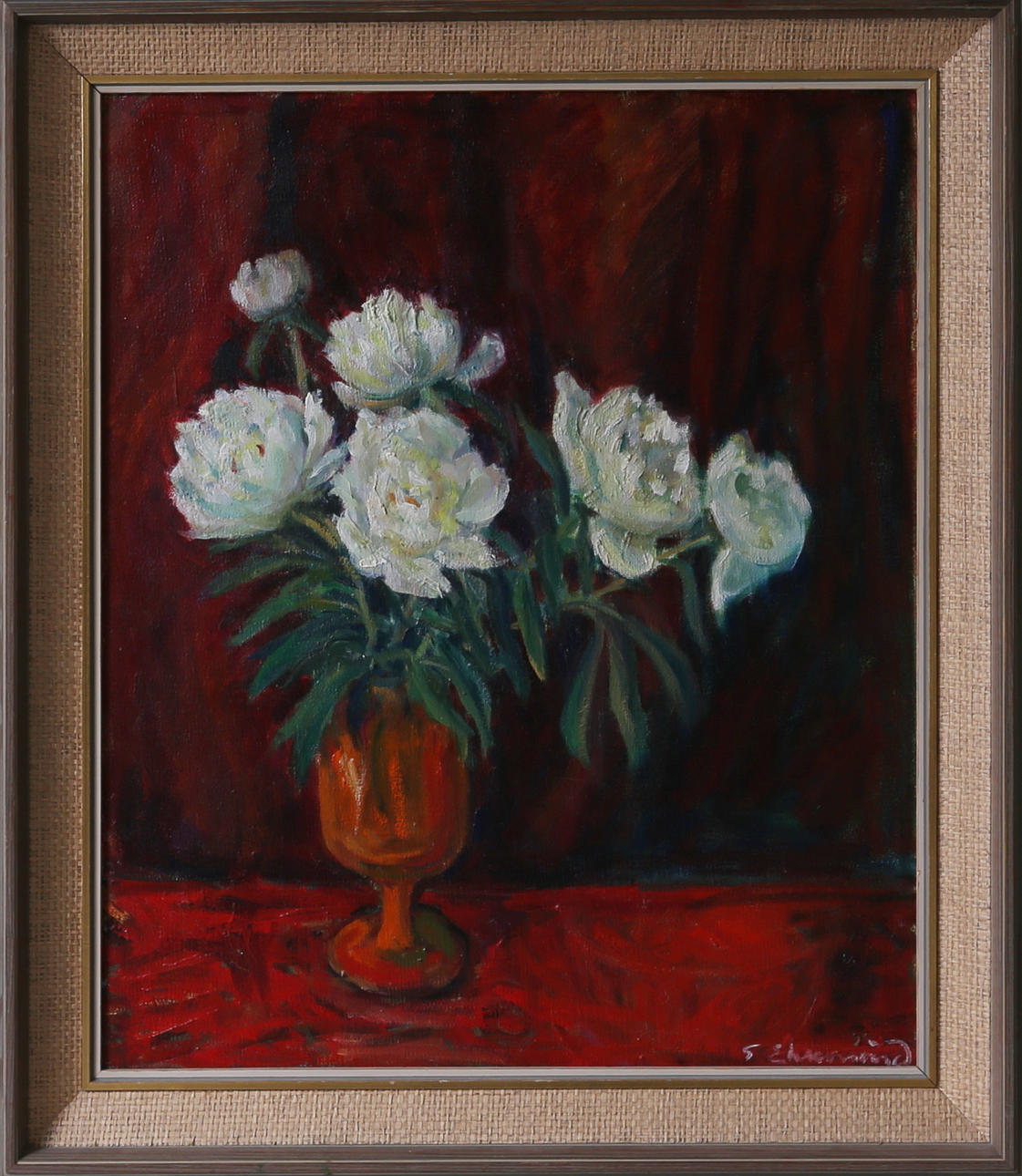 GERD EHRENSVÄRD. "Stilleben med pioner", olja på duk, signerad G Ehrensvärd, 1970-tal.