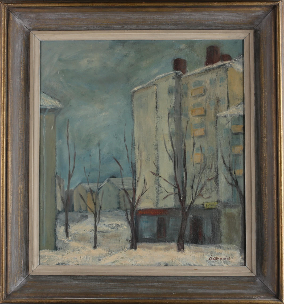 ÅKE ALLERNÄS. Vinter i Gävle, olja på pannå, signerad Å Allernäs.