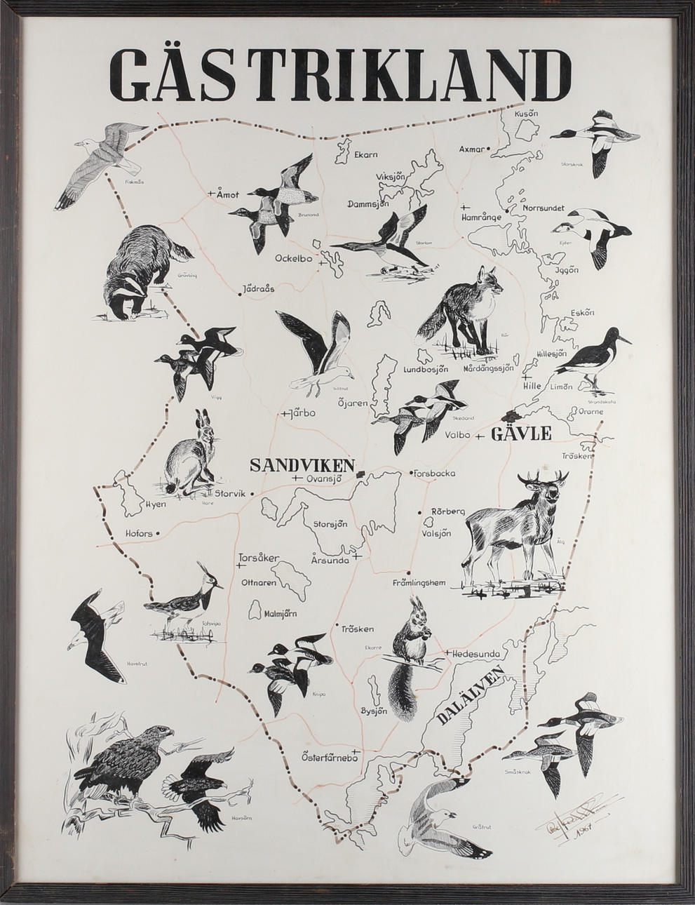 OIDENTIFIERAD KONSTNÄR. Gästrikland, tusch, signerad Dahlström samt daterad 1967.