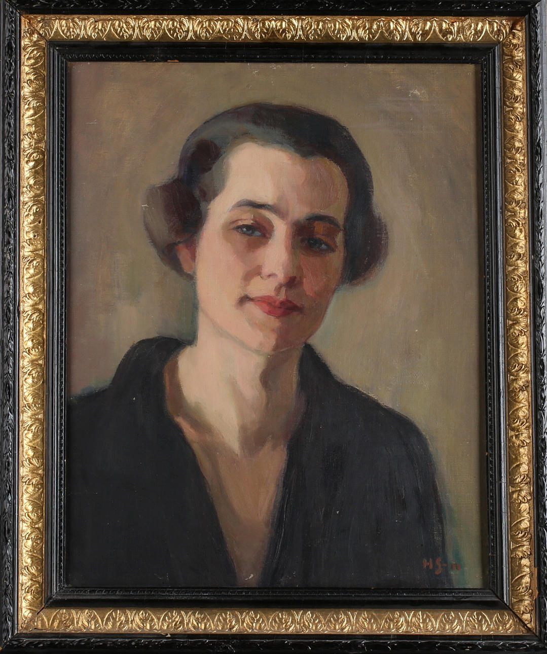 OIDENTIFIERAD KONSTNÄR. Kvinnoporträtt, olja på pannå, signerad H S samt daterad -31.