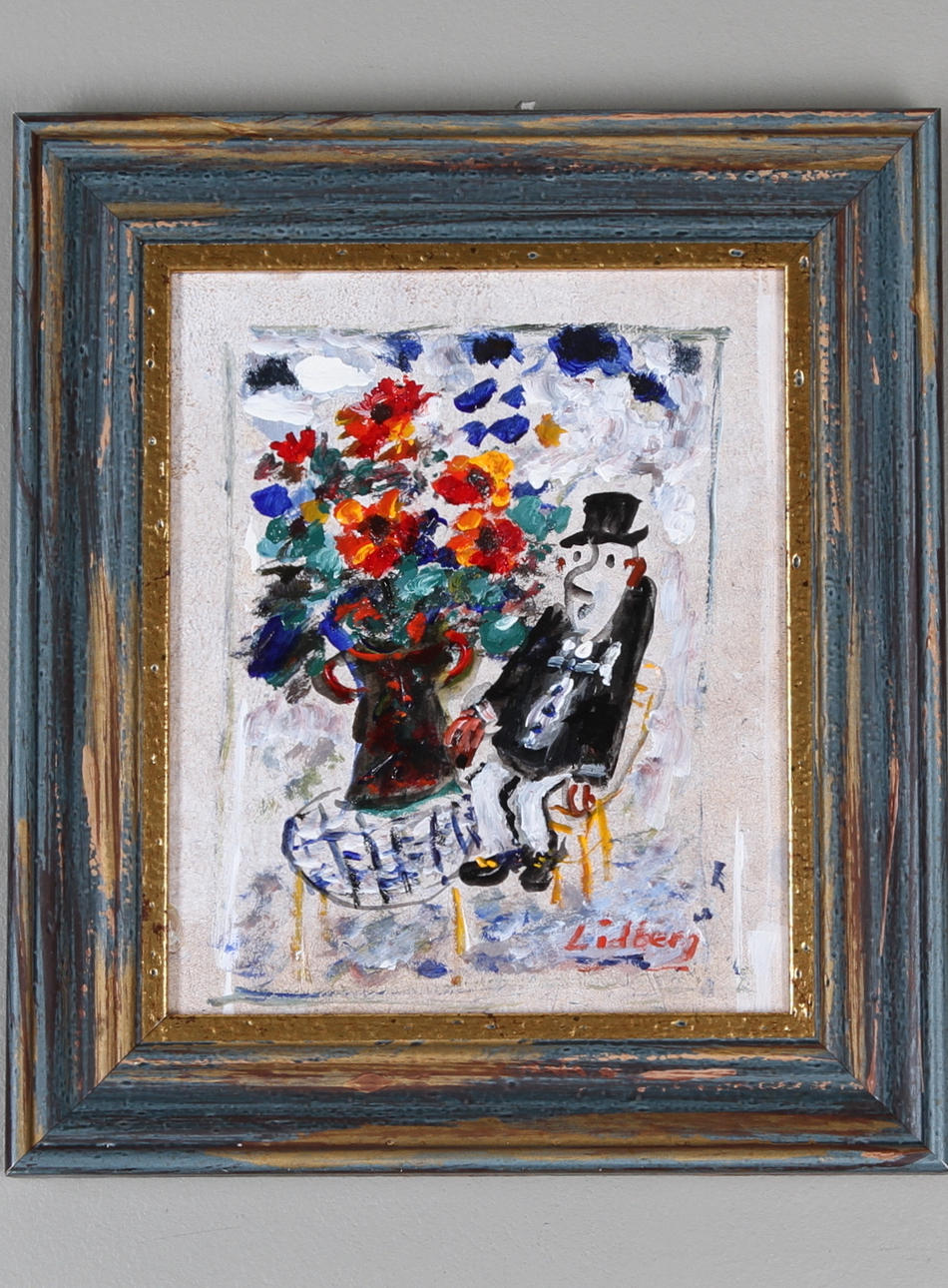 SVEN LIDBERG. Motiv med man och blomsterbukett. Olja på pannå. Signerad Lidberg.