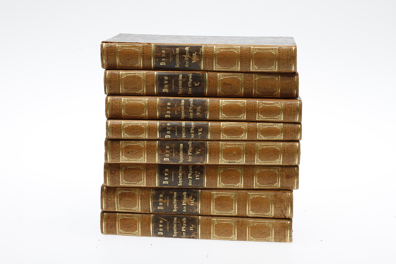 BOKBAND, 8 delar, "Repertorium der Physik" , Heinrich Wilhelm Dove und Ludwig Moser, Berlin 1837-1849.