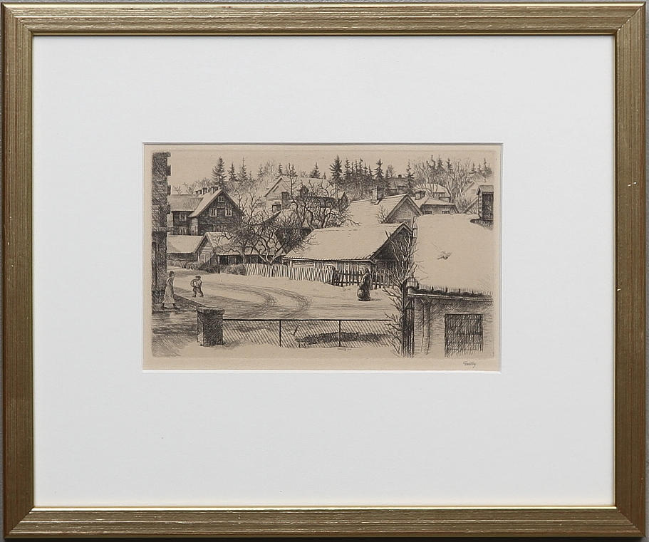 FOLKE GULLBY. Etsning "Parti från Åtvidaberg", 1956.