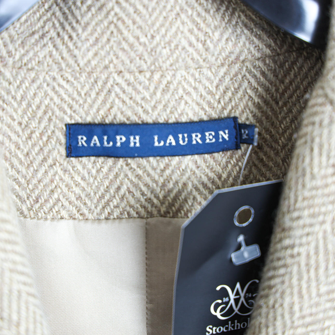 RALPH LAUREN, Kavaj i fiskbensmönstrad tweed, ull och siden, storl UK12 ...