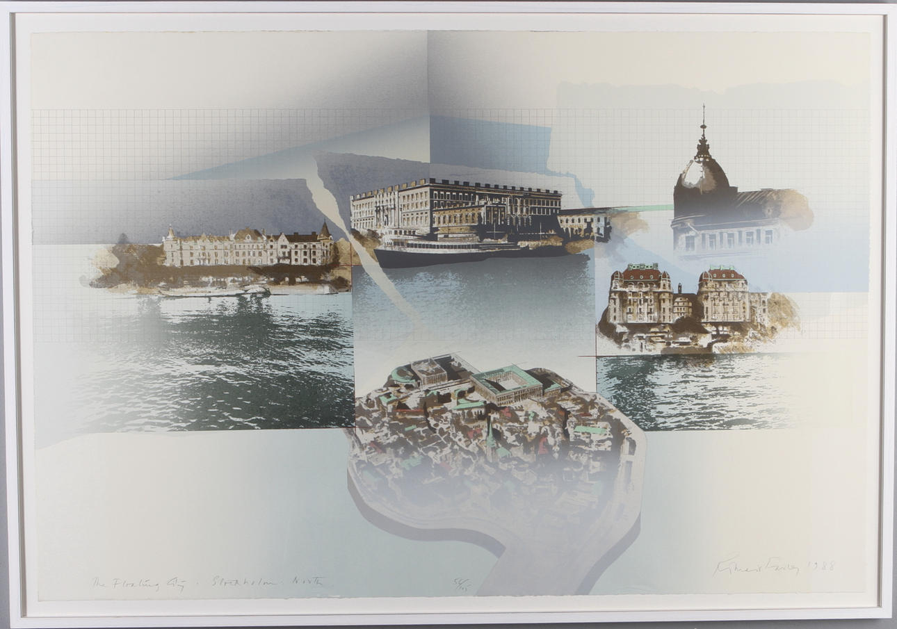 RICHARD DAVIES. "The floating city North", färglitografi, signerad och numrerad 56/105.