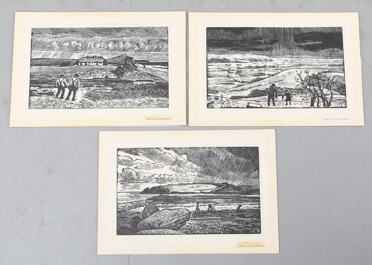 POVL CHRISTENSEN. Landskabsscener, træsnit, 3 stk.