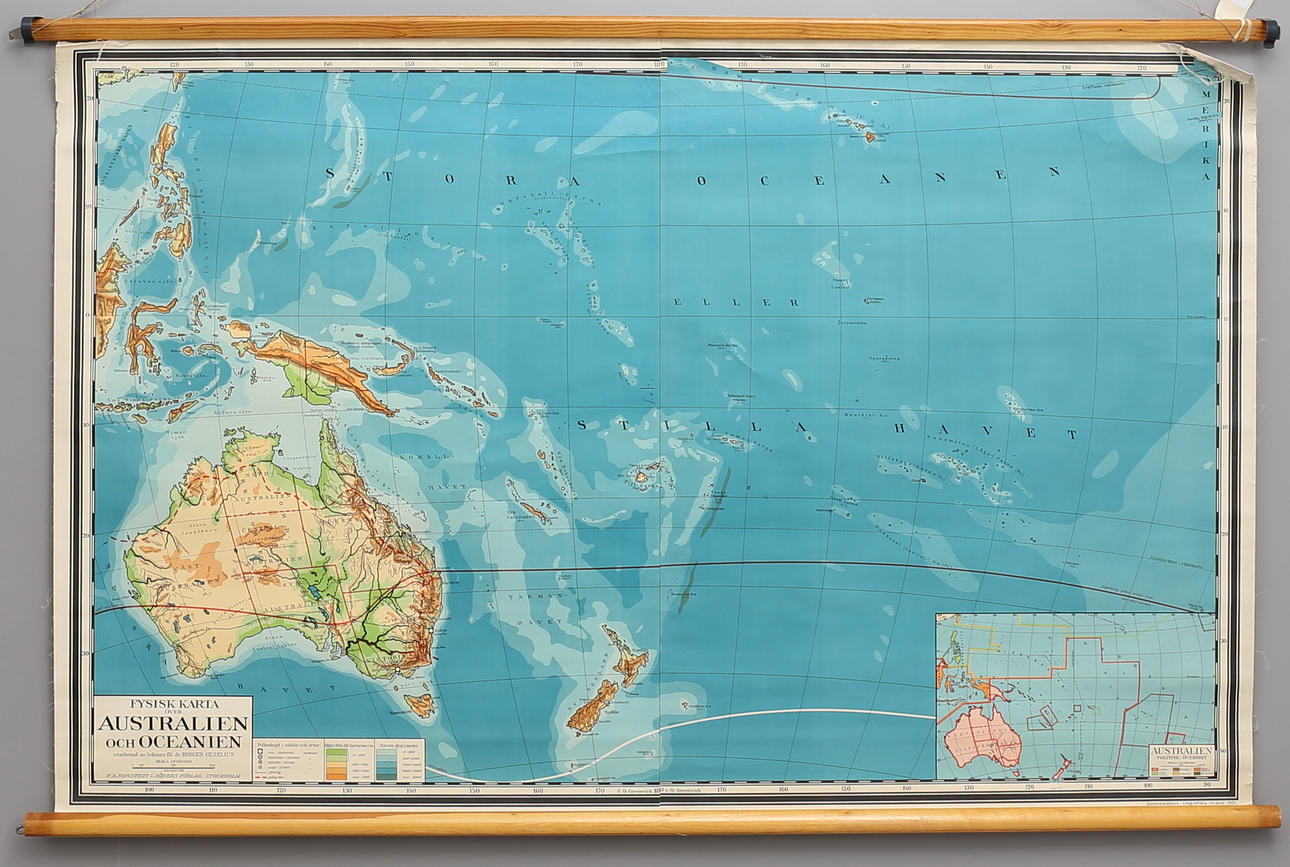 SKOLKARTA "Australien och Oceanien" 1900-talets mitt.