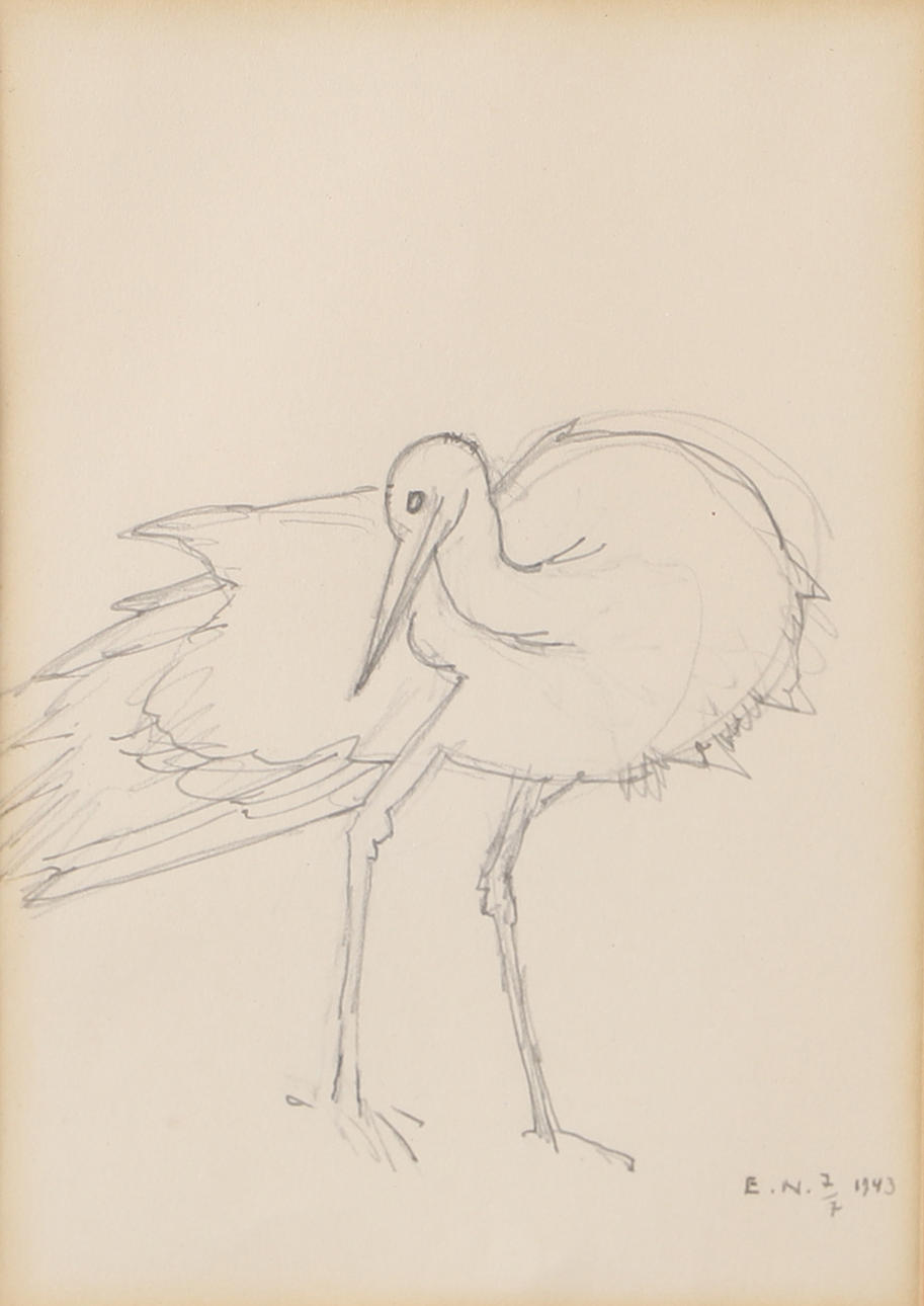 ERNST NORLIND. Stork, tegning, signeret E.N. 1943.