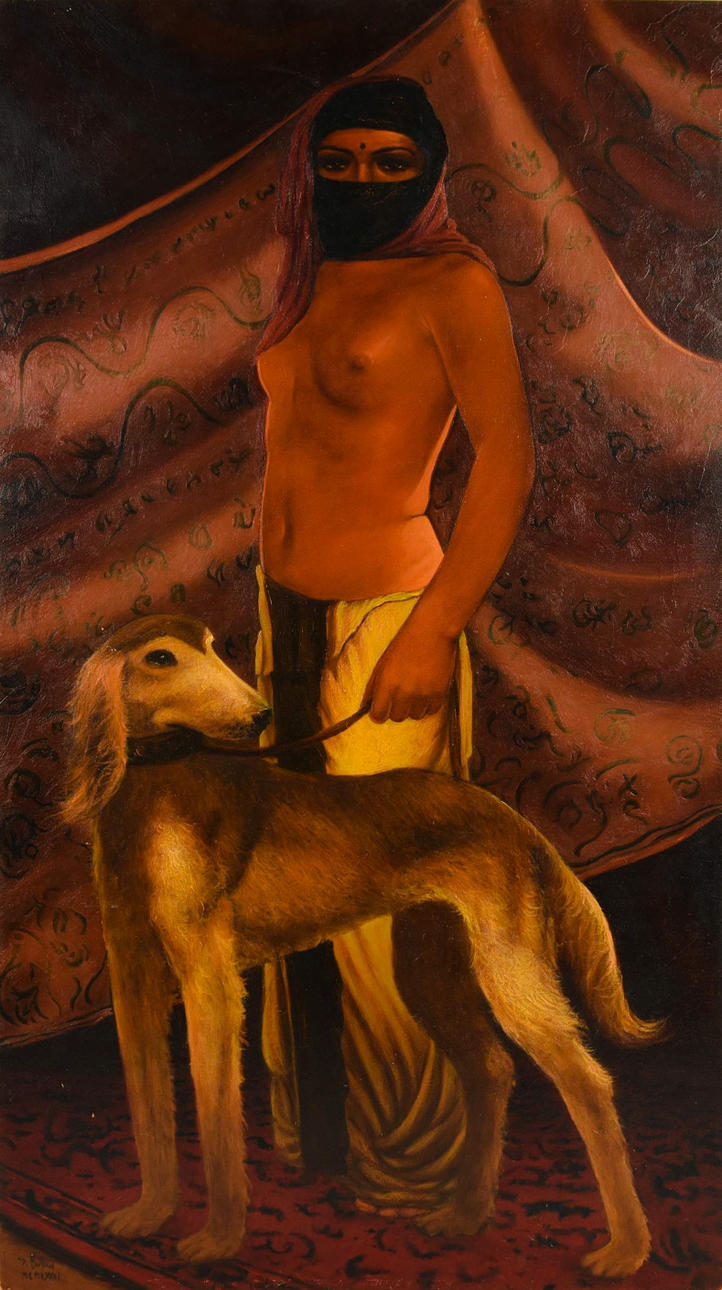 KÜNSTLER UNBEKANNT. Orientalisk med hund, olja på tallrik skylt. och dat.