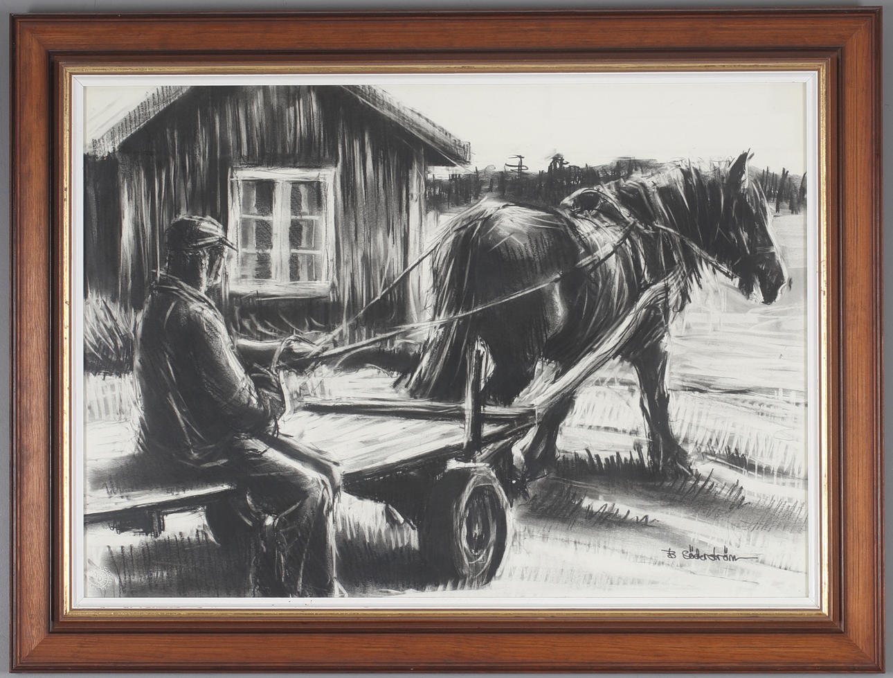 BERTIL SÖDERSTRÖM. Arbetshäst, kolteckning, signerad.
