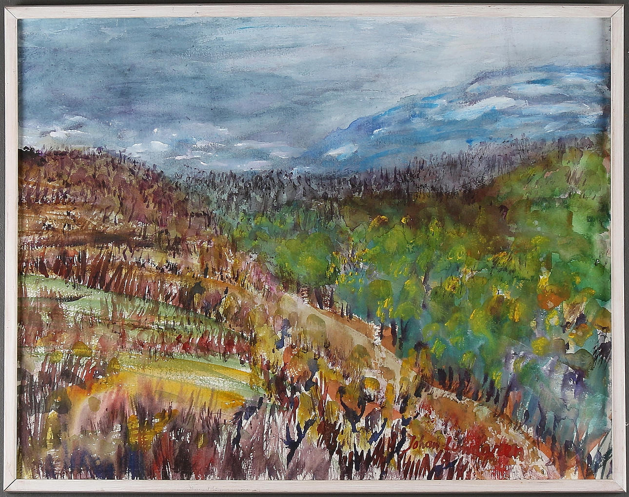 JOHAN LUNDGREN. Skogsvy, akvarell, signerad.