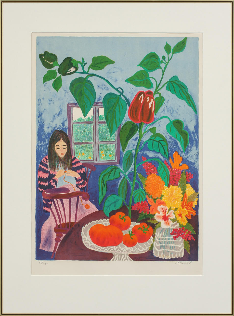 MONA HUSS WALIN. Interiör med figur, färglitografi, signerad och numrerad 99/435.