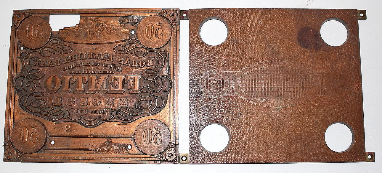 TRYCKPLÅTAR, koppar och plåt, Borås sparbank, 50-kr sedel, daterad 1876.