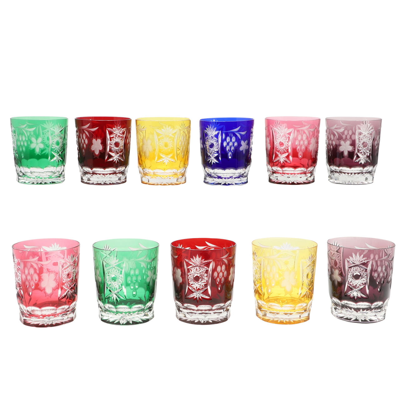 ELEVEN LARGE COLOURED CUT GLASS TUMBLERS. Glass Tableware