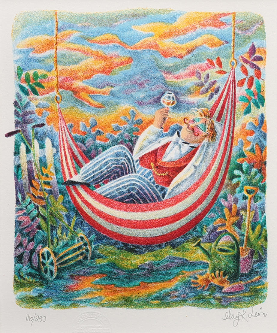 MAY K LEÓN. COLOR LITHOGRAPHY, RESTING LORD.