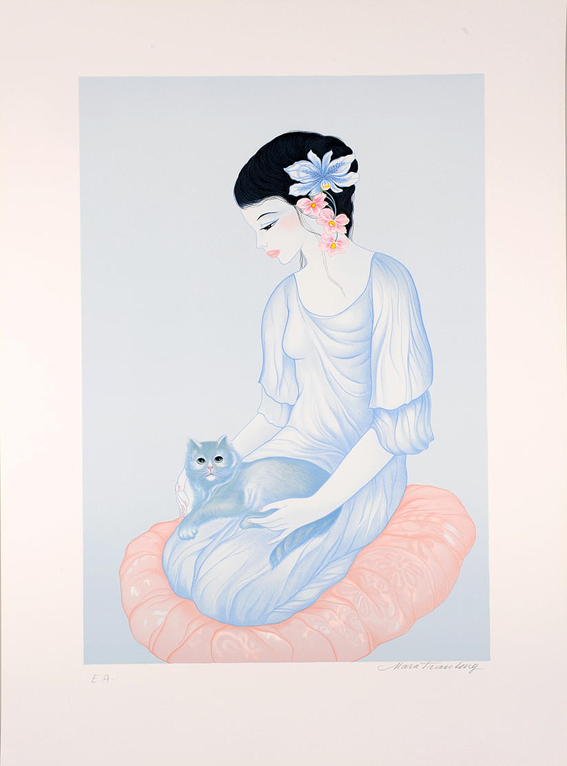 Ung asiatisk kvinna med katt Offsetlitografi, 2000-tal.