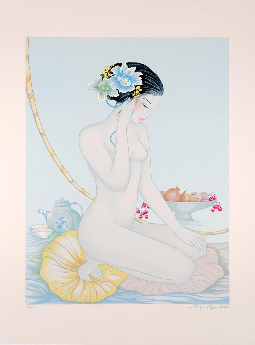 OFFSET LITIOGRAFI. Ung asiatisk kvinna, knäböjande naken. 2000-talet.