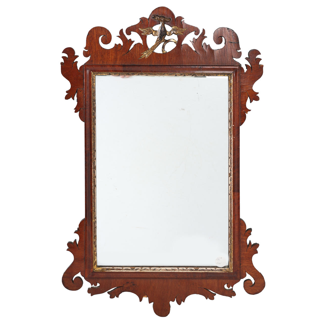 A GEORGE III MAHOGANY FRET CARVED MIRROR CARVED WITH A HOHO BIRD.