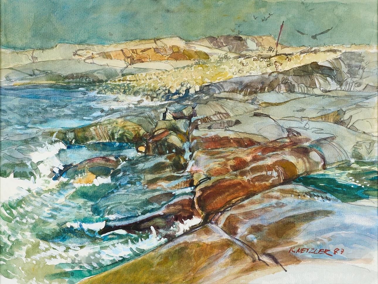 KURT NETZLER (1922-2006). West coast motif, probably Nord-Koster, signed and dated -87, watercolour.