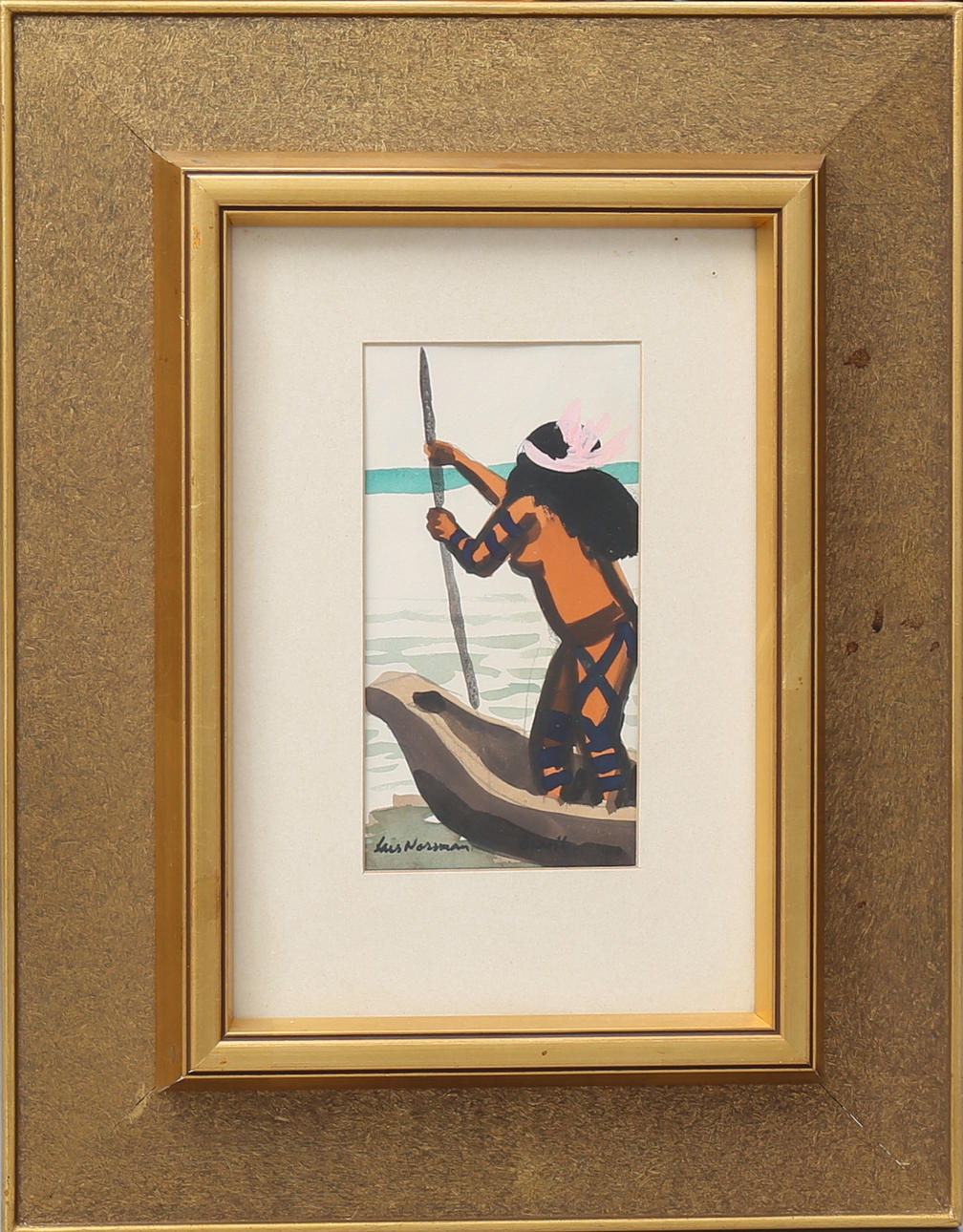 LARS NORRMAN. Indiankvinna i kanot. Gouache, signerad.