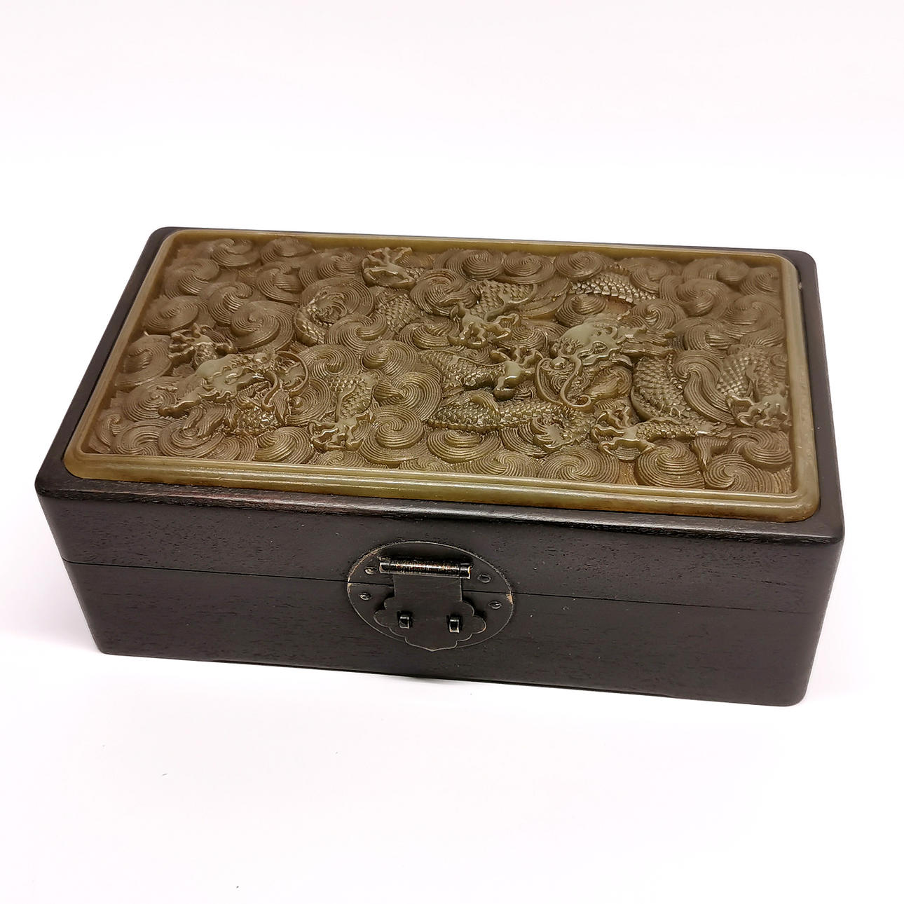 CHINESE HARDWOOD AND JADE BOX.