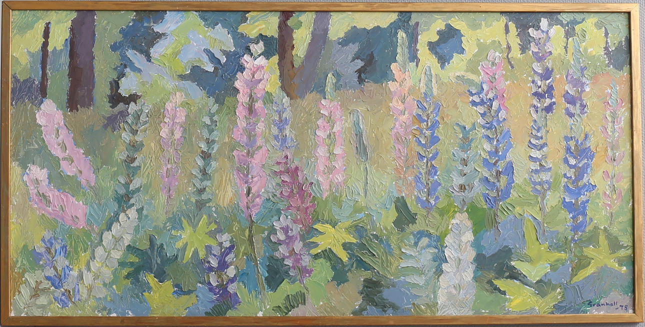 ARNE GRANHALL. "Lupiner i motljus". Olja på pannå, signerad och daterad -78.