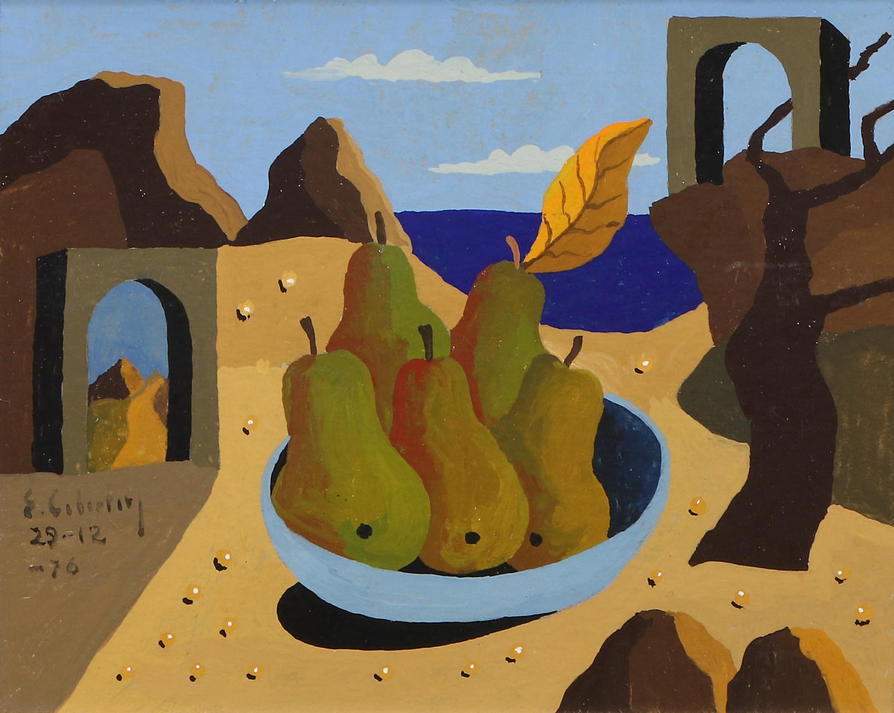 ERIC CEDERBERG. Tempera. Surreal composition with pears in bowl on beach. Signed: E. Cederberg 29-12-76.
