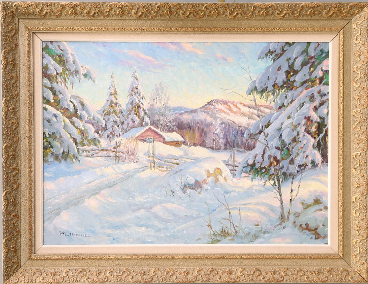 ERIK EMANUEL PALMDAHL. Olja på duk, vinterlandskap, signerad.