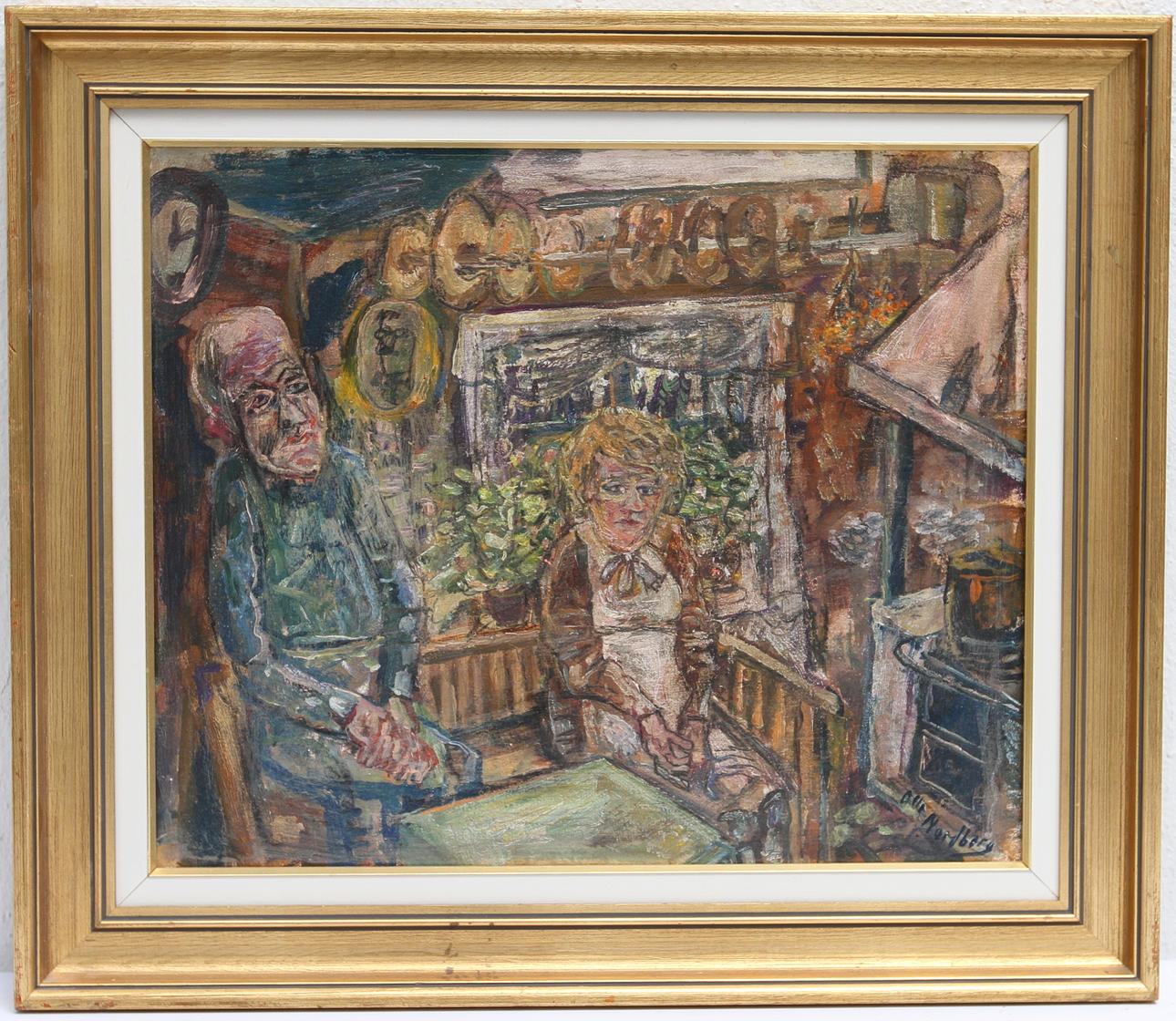 OLLE NORDBERG. Stuginteriör med gumma och gubbe. Olja på pannå, signerad.