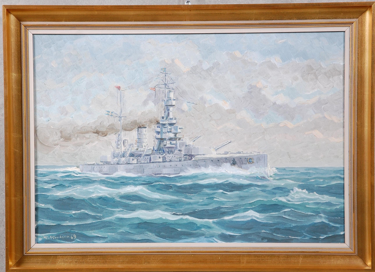 GÖSTA KAUDERN. 1915-1991, olja på duk, " Pansarkryssaren Sverige " signerad, daterad -69.