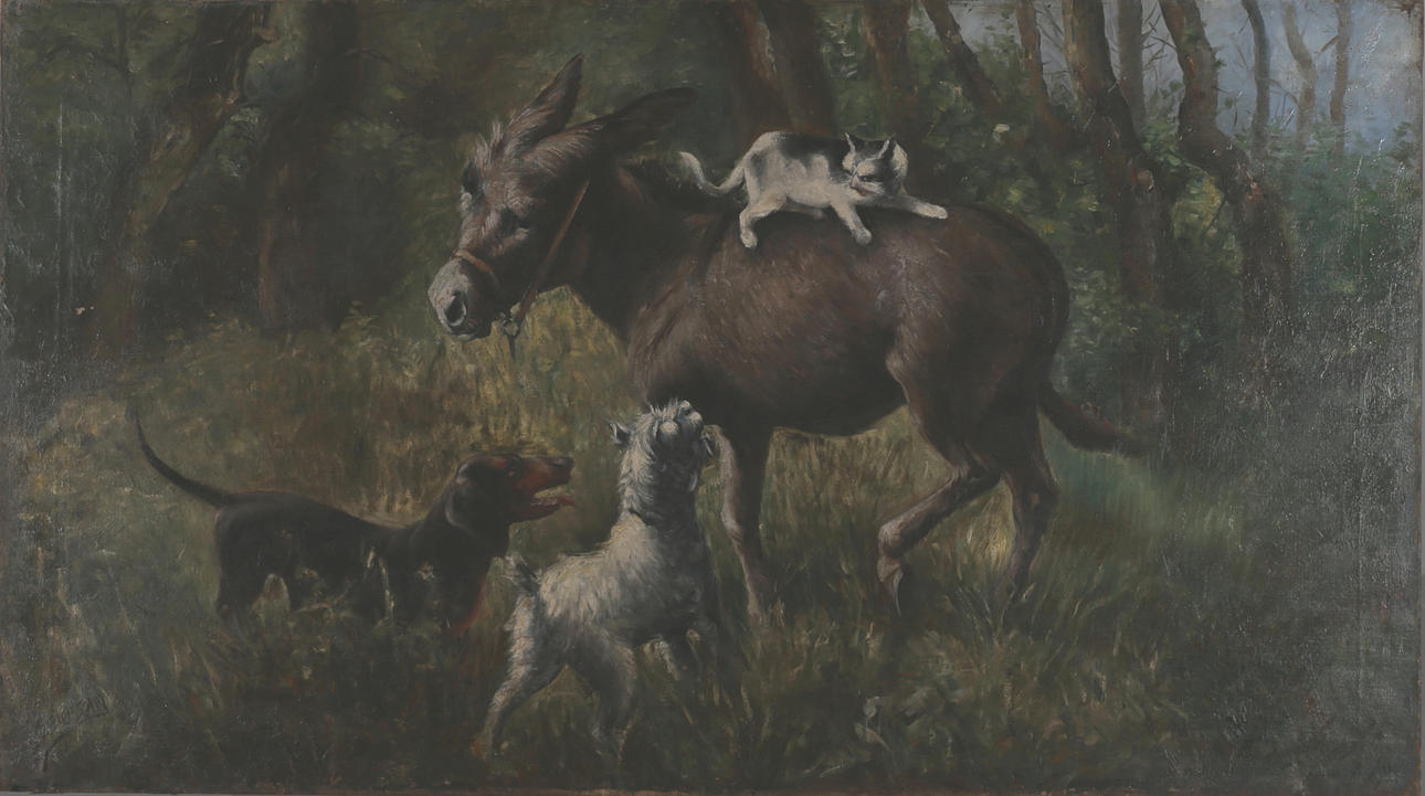 OIDENTIFIERAD KONSTNÄR, fabelmotiv olja på duk, troligen Ungern.