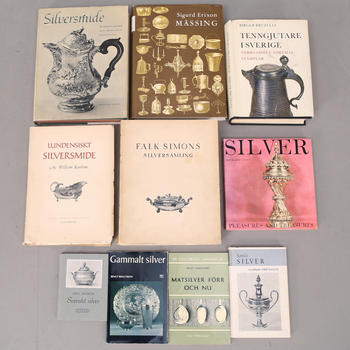 BÖCKER OM SILVER, MÄSSING OCH TENN, 10 st.