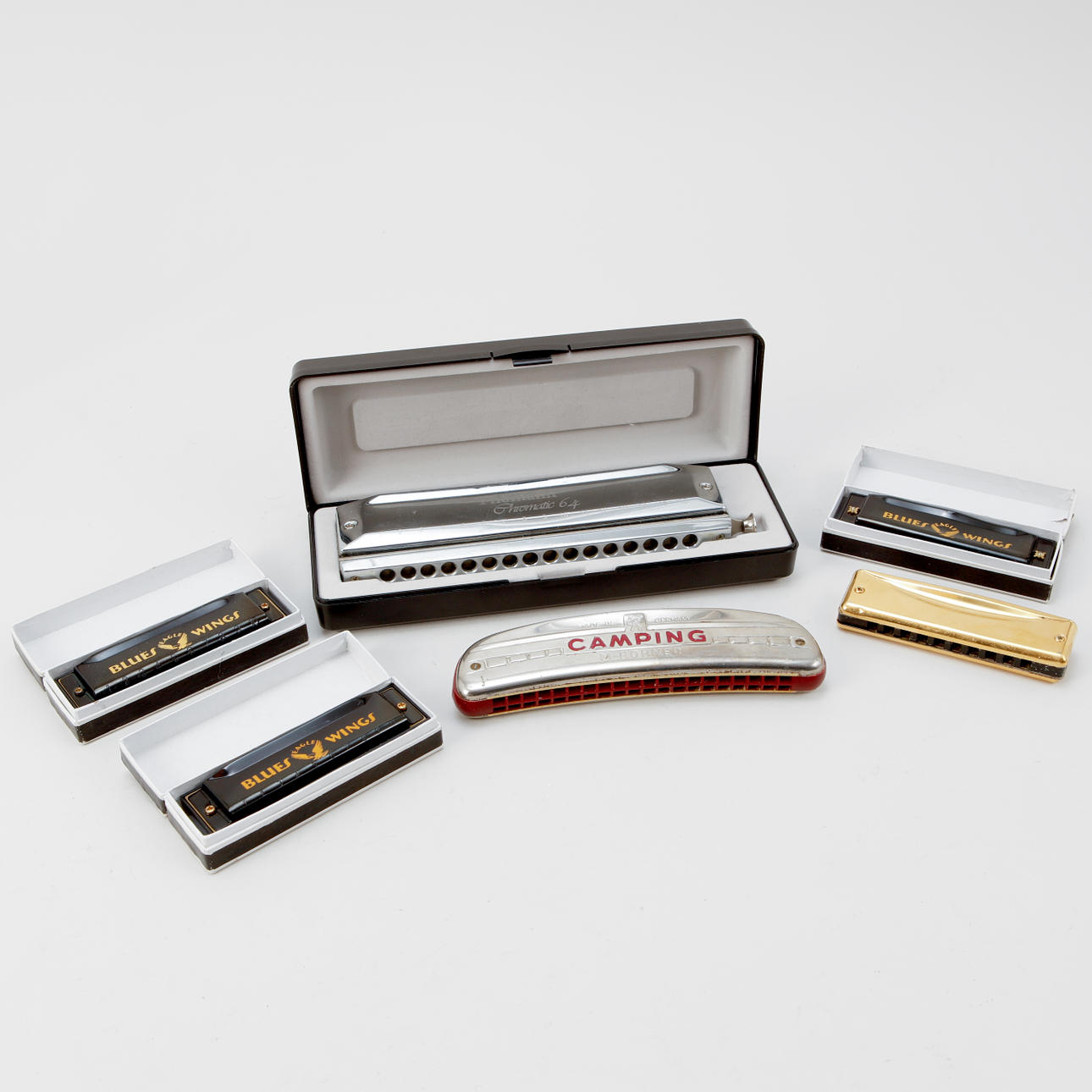 6 armónicas, Thomann, Hohner, Hamamatsu y Eagle.