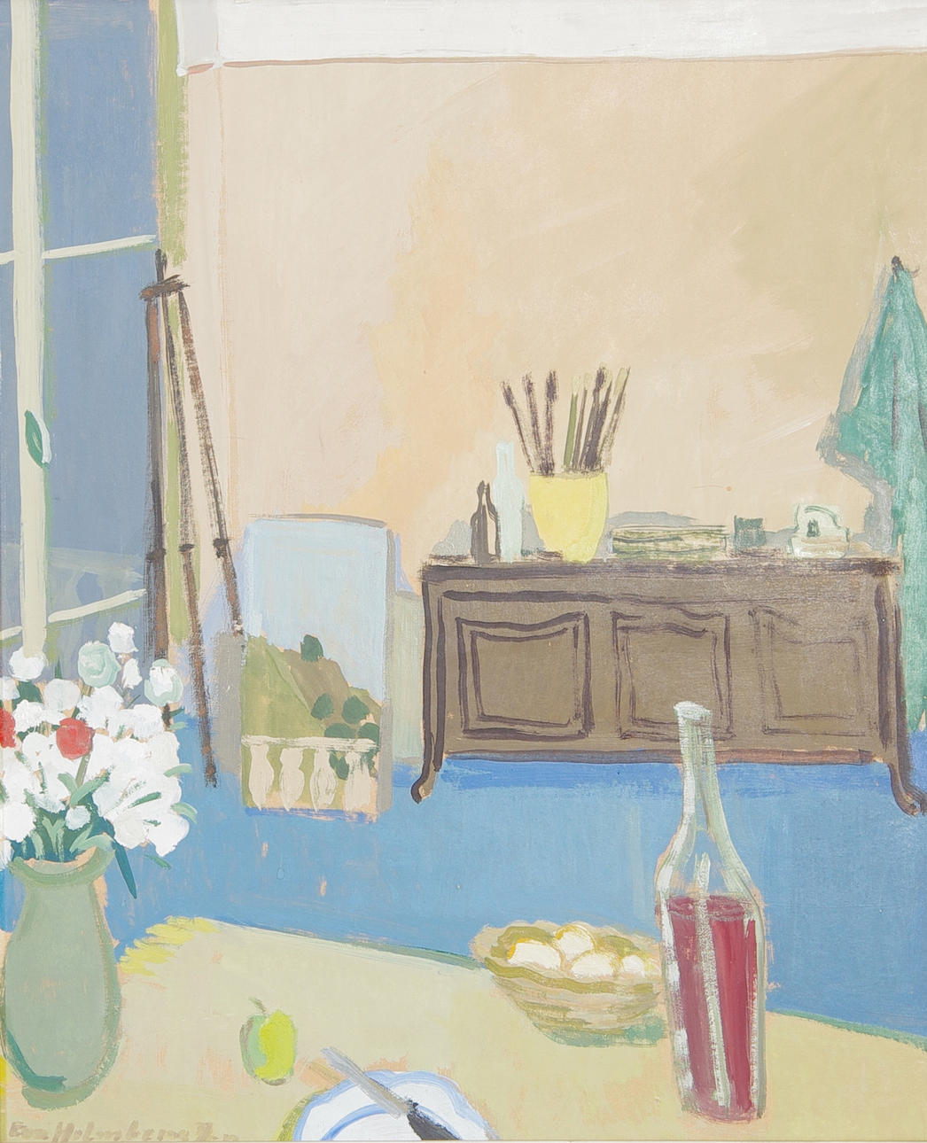 EVA HOLMBERG-JAKOBSSON. Interiör från ateljén, olja på pannå, signerad Eva Holmberg J-n.