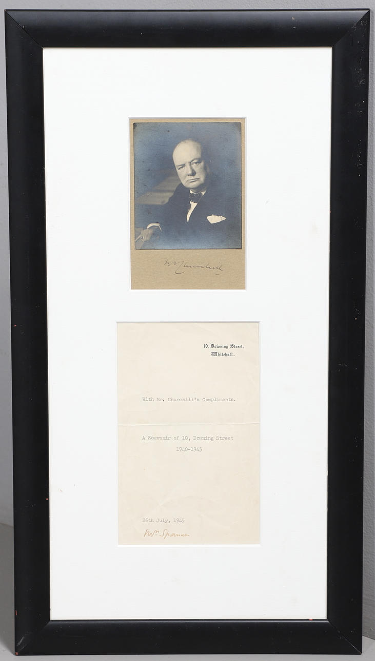 WINSTON CHURCHILL (1874-1965). A black and white photographic portrait, signed.