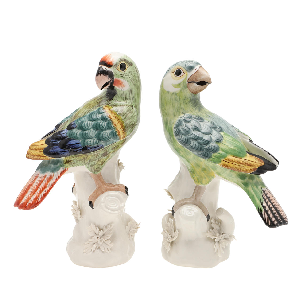 A PAIR OF CERAMIC PARROTS.