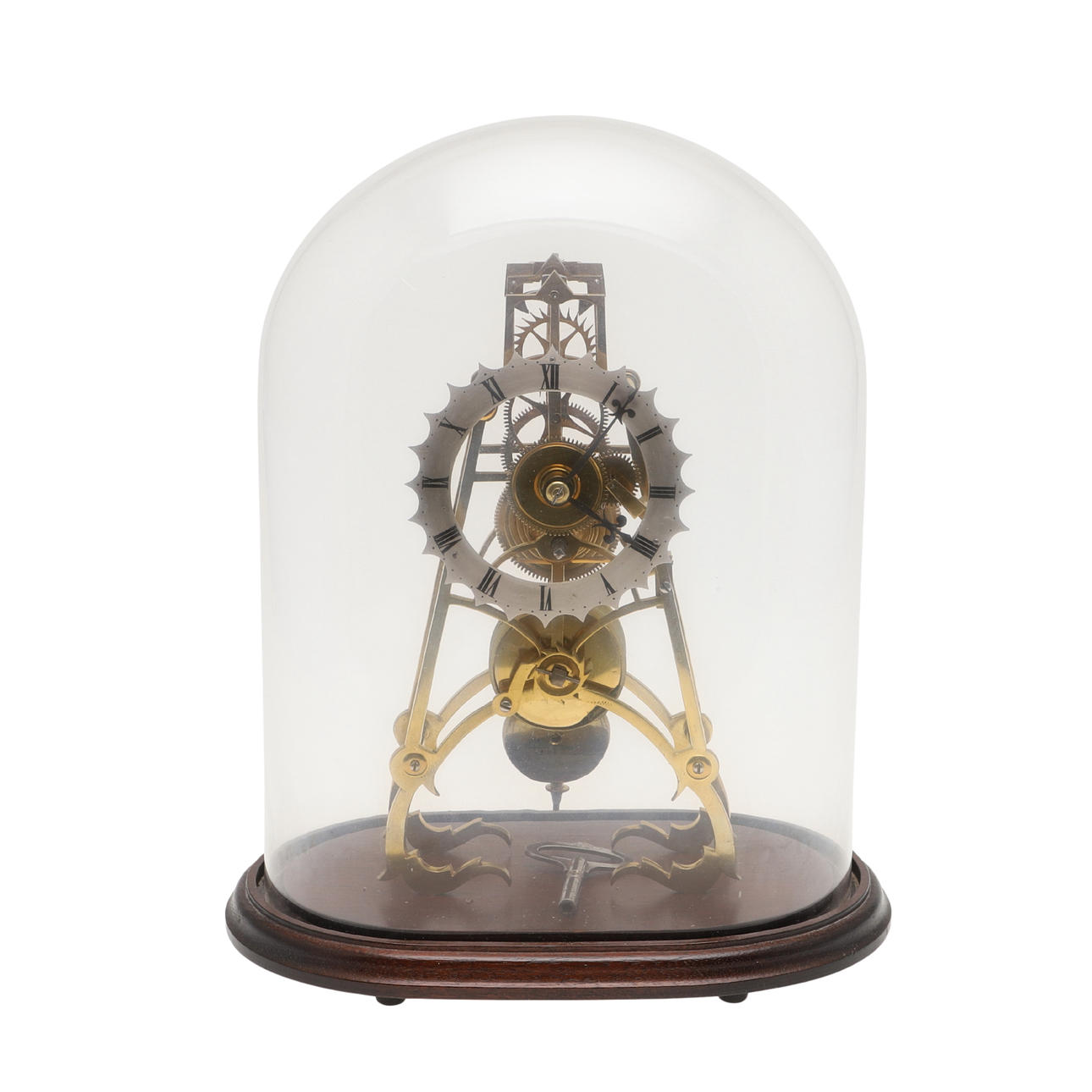 A BRASS SKELETON GLASS DOME CLOCK.