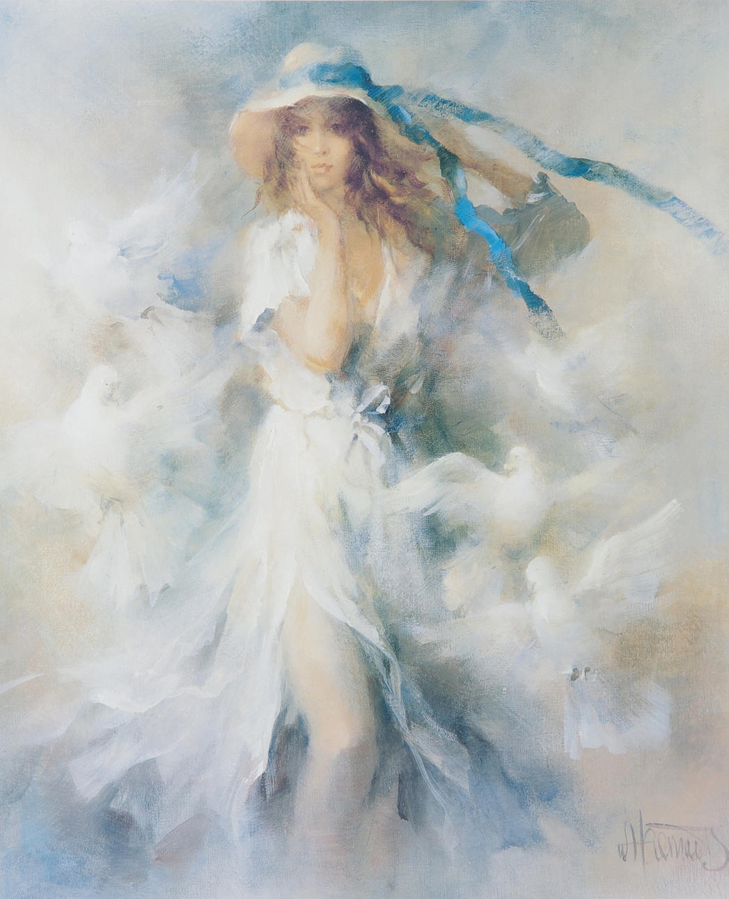 OIDENTIFIERAD KONSTNÄR. Kvinna och duvor, färglitografi, otydligt signerad.