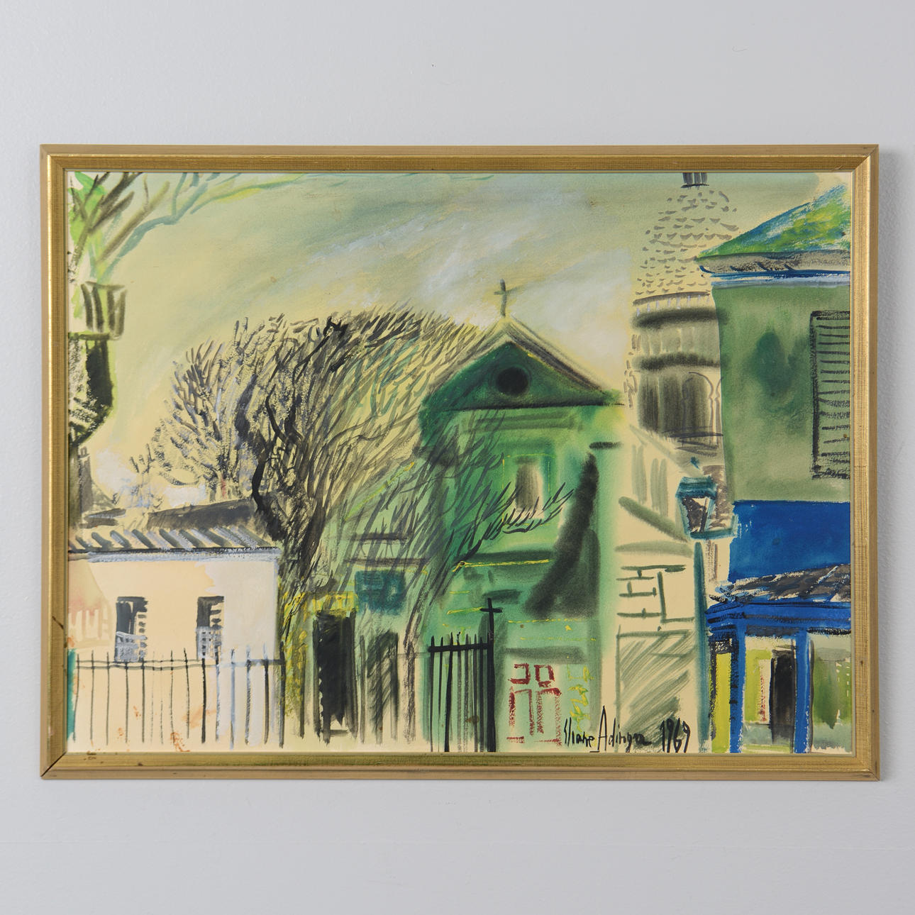 ELAINE ADINGRA. House facades, mixed media, signed, dated 1969.