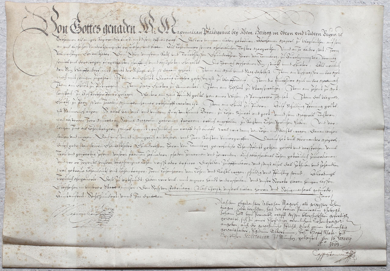 HANDSKRIFT/BREV I PERGAMENT, signerad Maximilian I av Bayern, daterad 16 Januari 1613.