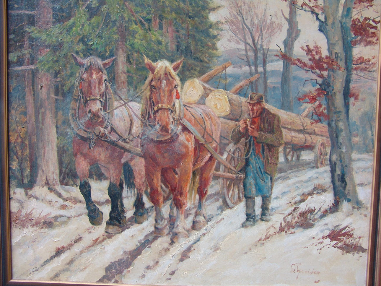 JOSEF SCHNEIDER (1897 KARLSBAD - 1977 BERLIN). ”Backhorse med skogsbonde i ett vintrig landskap”.
