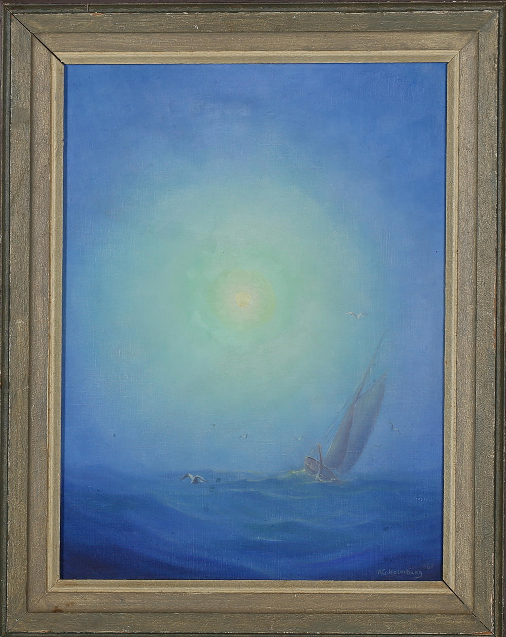 KARL GUSTAV HOLMBERG. Segelfartyg i blågrönt dis, olja på pannå, signerad, -60.